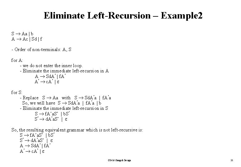 Eliminate Left-Recursion – Example 2 S Aa | b A Ac | Sd |