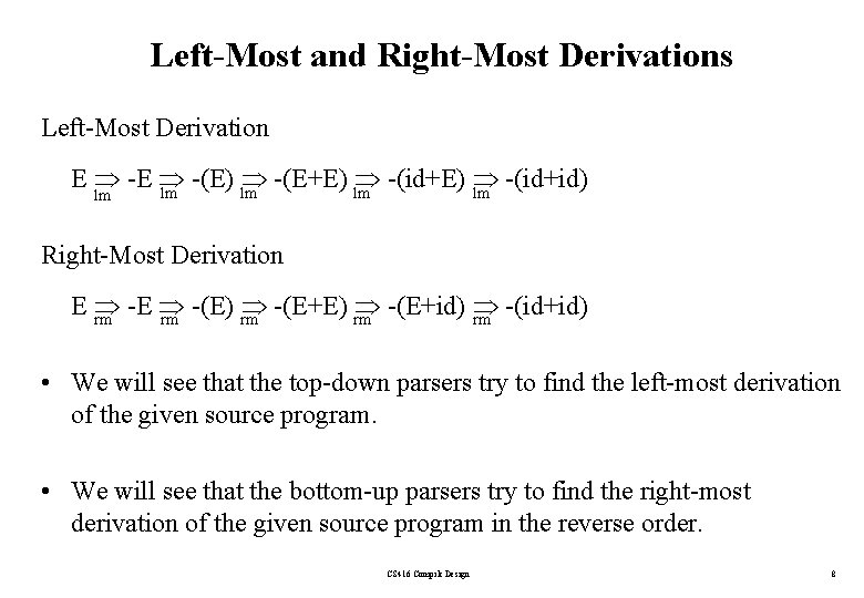 Left-Most and Right-Most Derivations Left-Most Derivation E -(E) lm -(E+E) lm -(id+E) -(id+id) lm