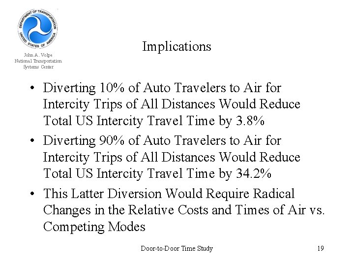 John A. Volpe National Transportation Systems Center Implications • Diverting 10% of Auto Travelers