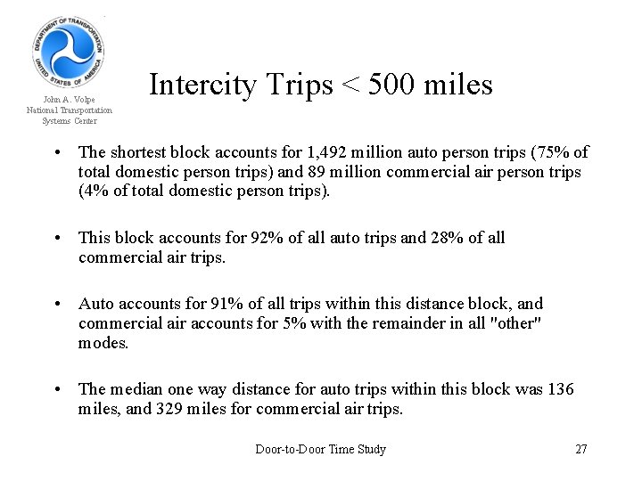 John A. Volpe National Transportation Systems Center Intercity Trips < 500 miles • The