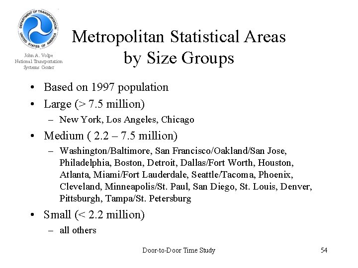 John A. Volpe National Transportation Systems Center Metropolitan Statistical Areas by Size Groups •