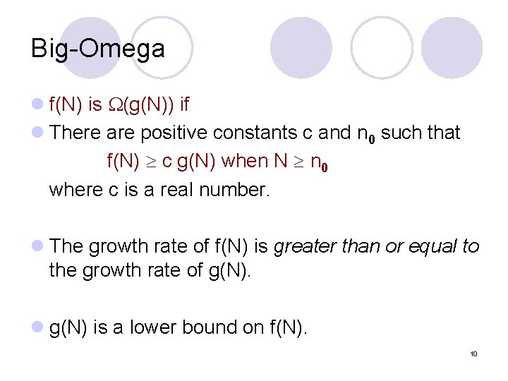 Big-Omega l f(N) is (g(N)) if l There are positive constants c and n