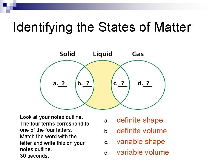 Identifying the States of Matter Look at your notes outline. The four terms correspond