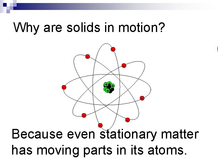 Why are solids in motion? +++ - - - Because even stationary matter has