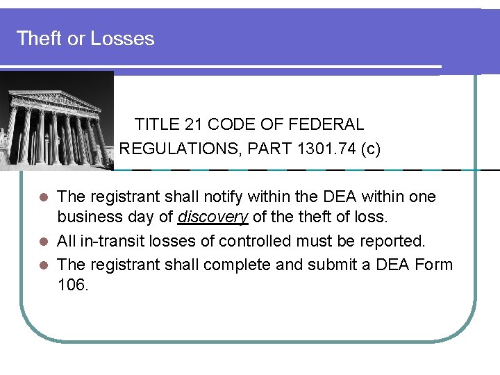 Theft or Losses TITLE 21 CODE OF FEDERAL REGULATIONS, PART 1301. 74 (c) The