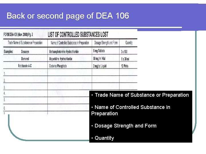 Back or second page of DEA 106 • Trade Name of Substance or Preparation