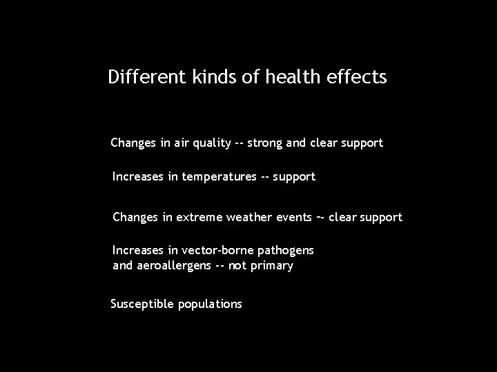 Different kinds of health effects Changes in air quality -- strong and clear support