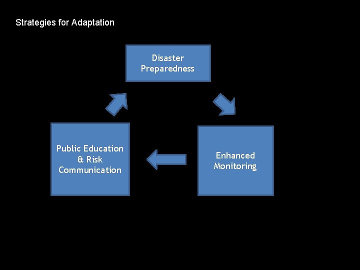 Strategies for Adaptation Disaster Preparedness Public Education & Risk Communication Enhanced Monitoring 