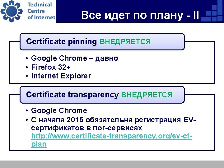Все идет по плану - II Certificate pinning ВНЕДРЯЕТСЯ • Google Chrome – давно