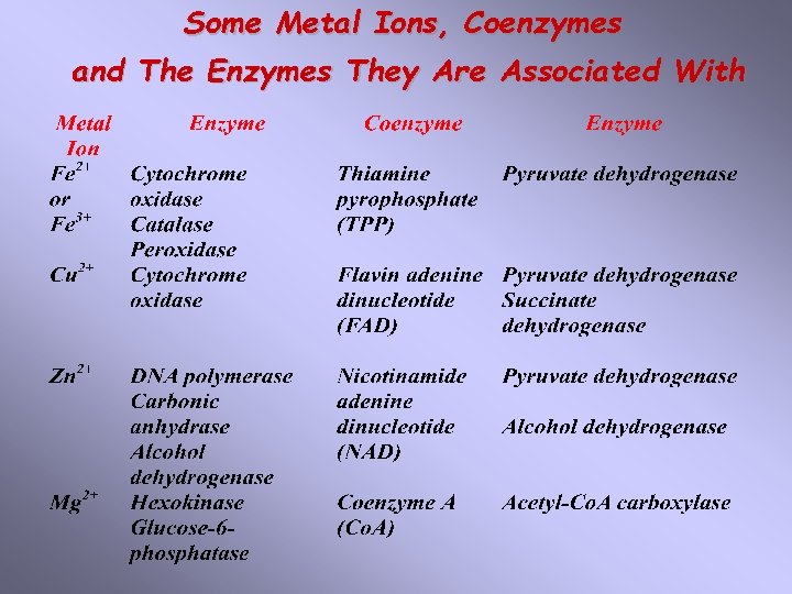 Some Metal Ions, Coenzymes and The Enzymes They Are Associated With 