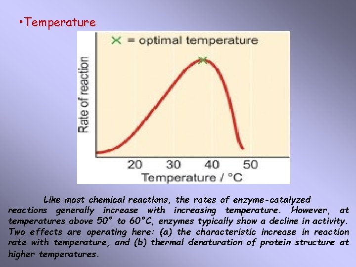  • Temperature Like most chemical reactions, the rates of enzyme-catalyzed reactions generally increase