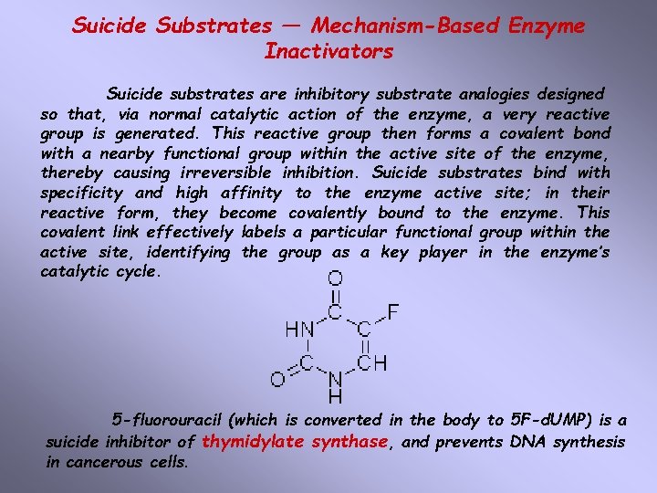 Suicide Substrates — Mechanism-Based Enzyme Inactivators Suicide substrates are inhibitory substrate analogies designed so