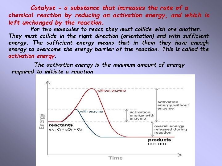 Catalyst - a substance that increases the rate of a chemical reaction by reducing