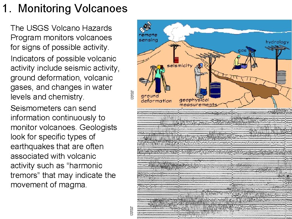 USGS The USGS Volcano Hazards Program monitors volcanoes for signs of possible activity. Indicators