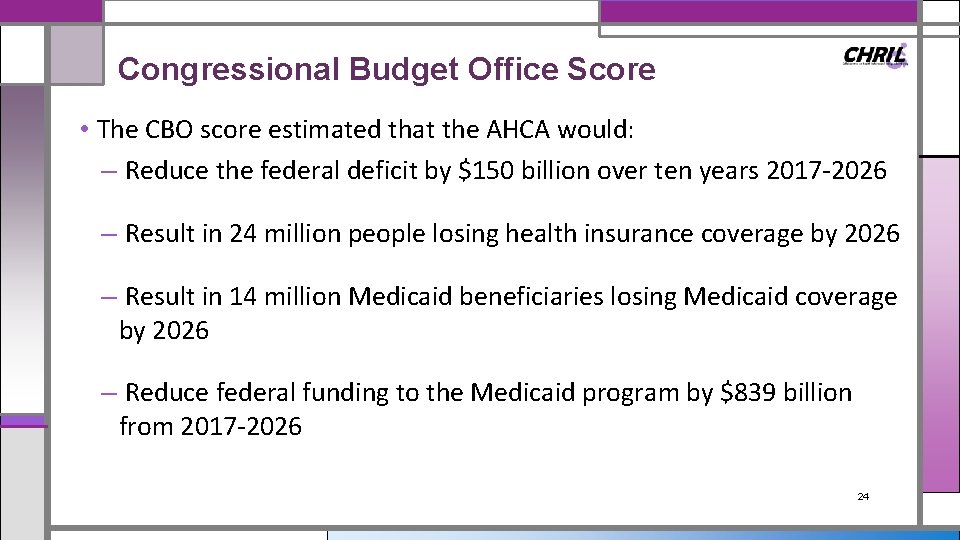 Congressional Budget Office Score • The CBO score estimated that the AHCA would: –