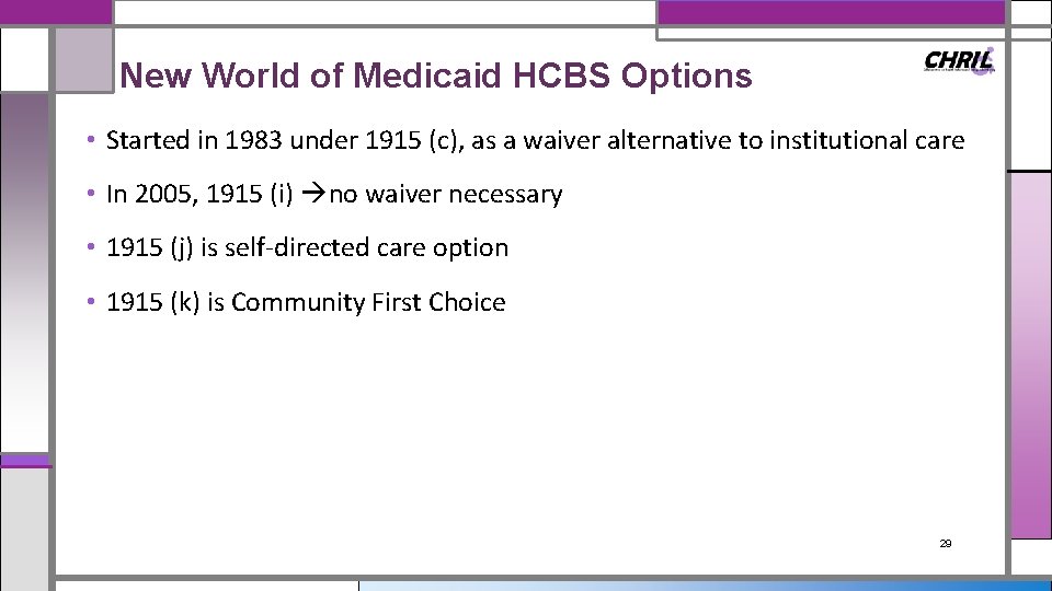 New World of Medicaid HCBS Options • Started in 1983 under 1915 (c), as