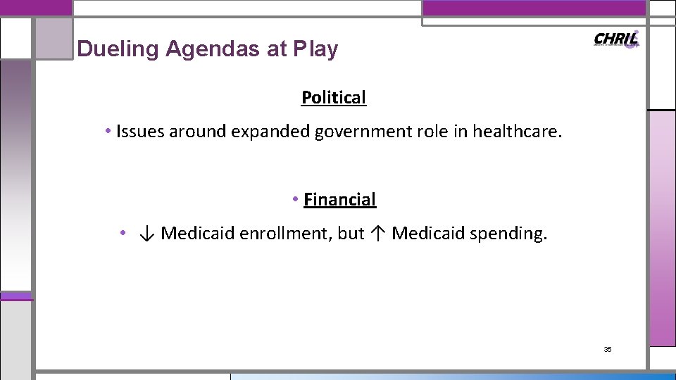 Dueling Agendas at Play Political • Issues around expanded government role in healthcare. •