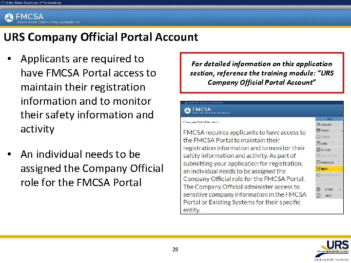 URS Company Official Portal Account • Applicants are required to have FMCSA Portal access