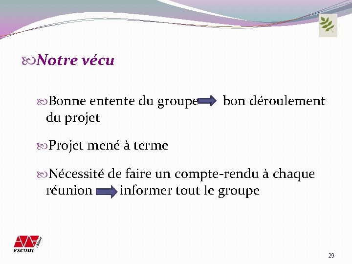  Notre vécu Bonne entente du groupe bon déroulement du projet Projet mené à