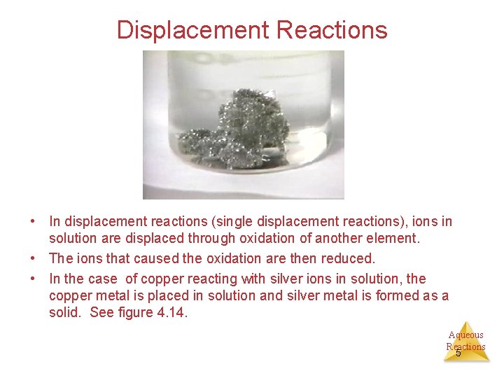 Displacement Reactions • In displacement reactions (single displacement reactions), ions in solution are displaced