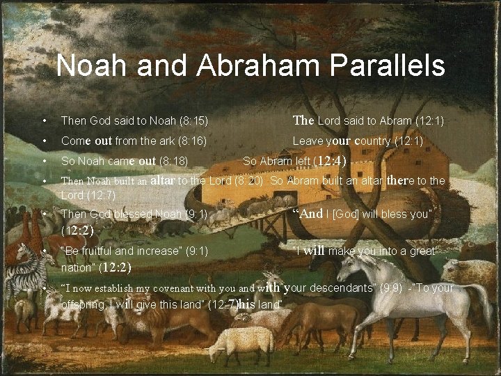 Noah and Abraham Parallels • • The Lord said to Abram (12: 1) Come