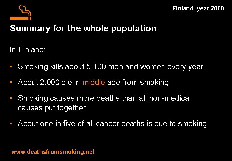 Finland, year 2000 Summary for the whole population In Finland: • Smoking kills about