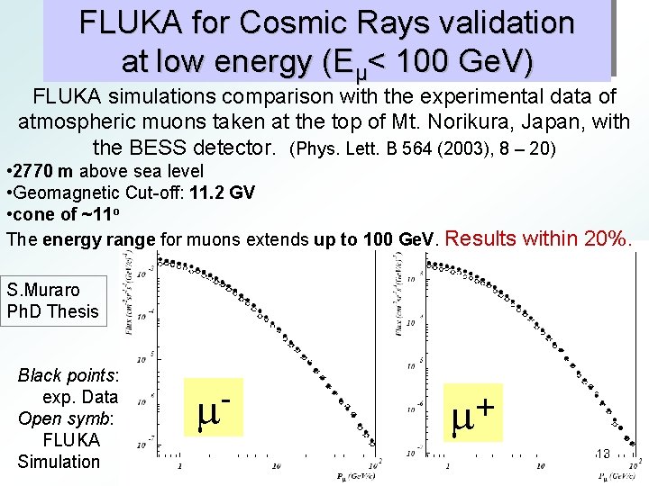 FLUKA for Cosmic Rays validation at low energy (Eμ< 100 Ge. V) FLUKA simulations