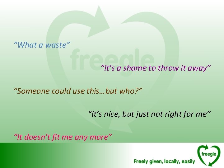 “What a waste” “It’s a shame to throw it away” “Someone could use this…but “What a waste” “It’s a shame to throw it away” “Someone could use this…but