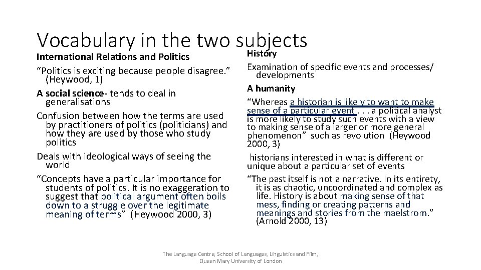 Vocabulary in the two subjects History International Relations and Politics “Politics is exciting because