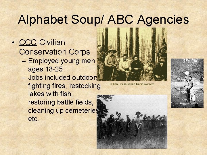 Alphabet Soup/ ABC Agencies • CCC-Civilian Conservation Corps – Employed young men ages 18