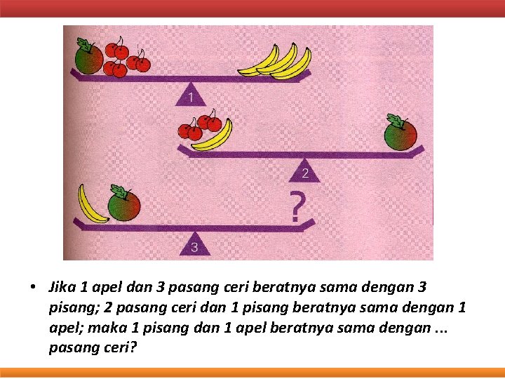  • Jika 1 apel dan 3 pasang ceri beratnya sama dengan 3 pisang;