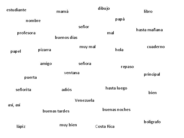 estudiante dibujo mamá libro papá nombre señor profesora buenos días muy mal pizarra papel