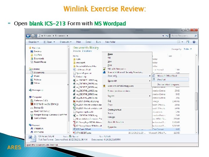 Winlink Exercise Review: Open blank ICS-213 Form with MS Wordpad ARES 