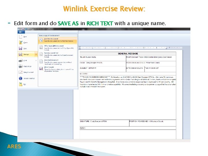 Winlink Exercise Review: Edit form and do SAVE AS in RICH TEXT with a