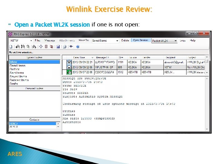 Winlink Exercise Review: Open a Packet WL 2 K session if one is not