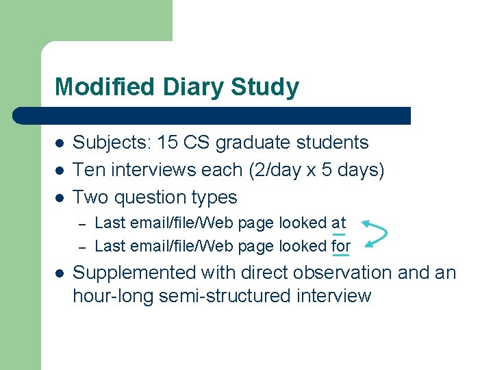 Modified Diary Study l l l Subjects: 15 CS graduate students Ten interviews each