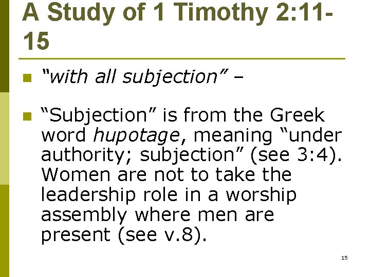 A Study of 1 Timothy 2: 1115 n “with all subjection” – n “Subjection”