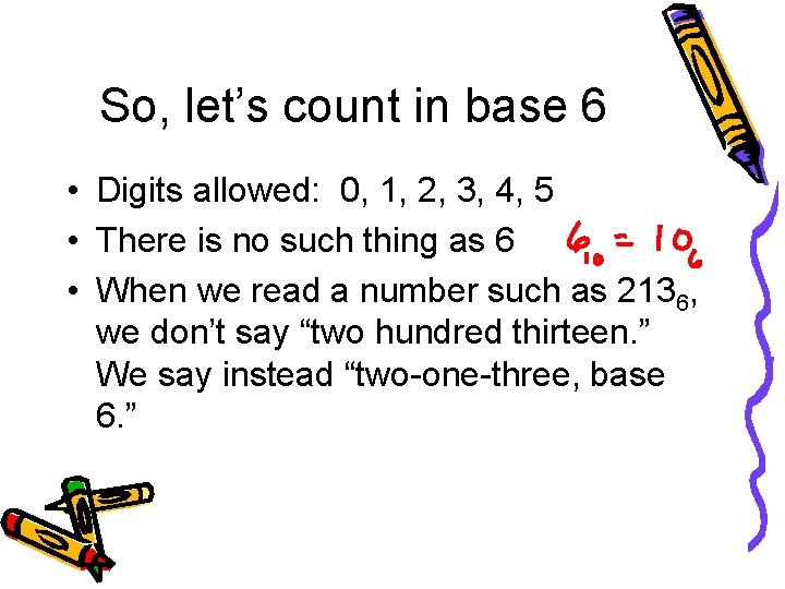 So, let’s count in base 6 • Digits allowed: 0, 1, 2, 3, 4,