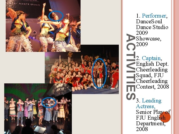 ACTIVITIES 1. Performer, Dance. Soul Dance Studio 2009 Showcase, 2009 2. Captain, English Dept.