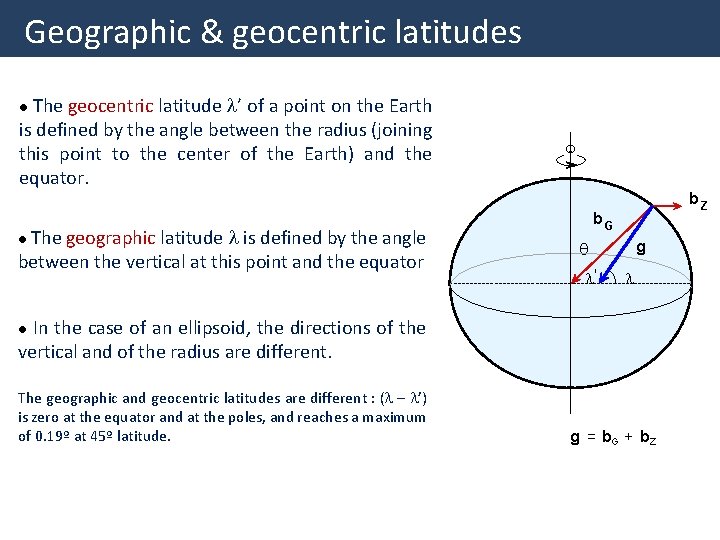 Geographic & geocentric latitudes The geocentric latitude l’ of a point on the Earth