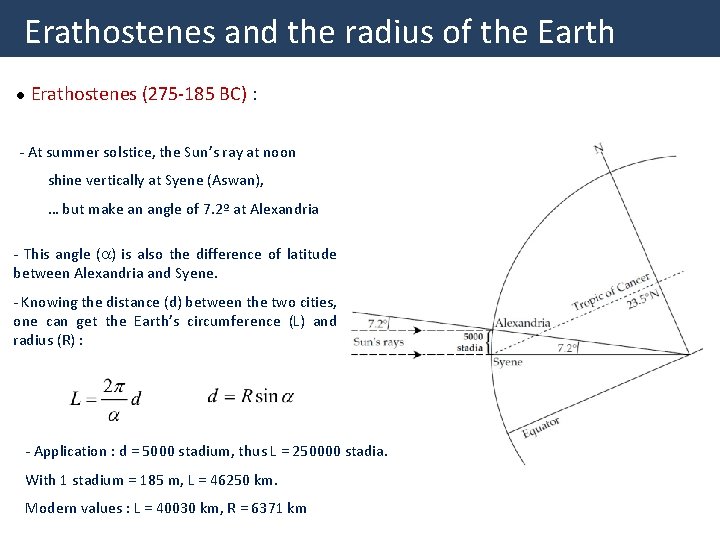 Erathostenes and the radius of the Earth l Erathostenes (275 -185 BC) : -