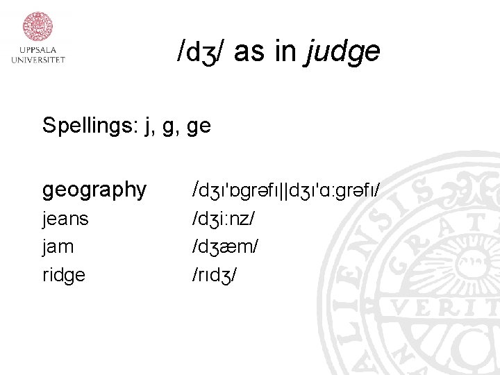 /dʒ/ as in judge Spellings: j, g, ge geography /dʒı'ɒgrəfı||dʒı'ɑ: grəfı/ jeans jam ridge
