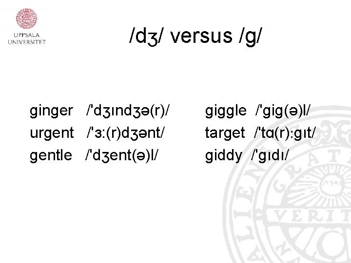 /dʒ/ versus /g/ ginger /'dʒındʒə(r)/ urgent /'ɜ: (r)dʒənt/ gentle /'dʒent(ə)l/ giggle /'gig(ə)l/ target /'tɑ(r):