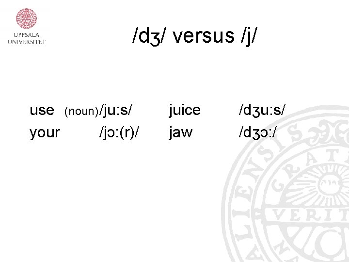 /dʒ/ versus /j/ use your (noun) /ju: s/ /jɔ: (r)/ juice jaw /dʒu: s/