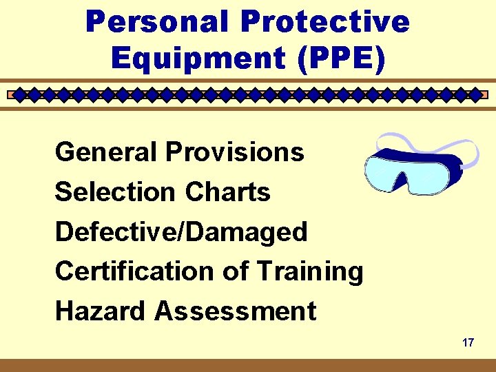 Personal Protective Equipment (PPE) General Provisions Selection Charts Defective/Damaged Certification of Training Hazard Assessment
