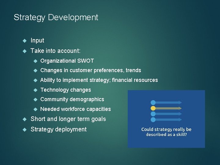 Strategy Development Input Take into account: Organizational SWOT Changes in customer preferences, trends Ability