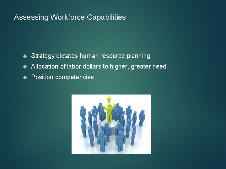 Assessing Workforce Capabilities Strategy dictates human resource planning Allocation of labor dollars to higher,