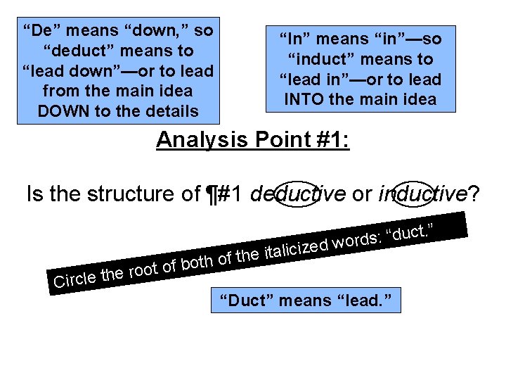 “De” means “down, ” so “deduct” means to “lead down”—or to lead from the “De” means “down, ” so “deduct” means to “lead down”—or to lead from the
