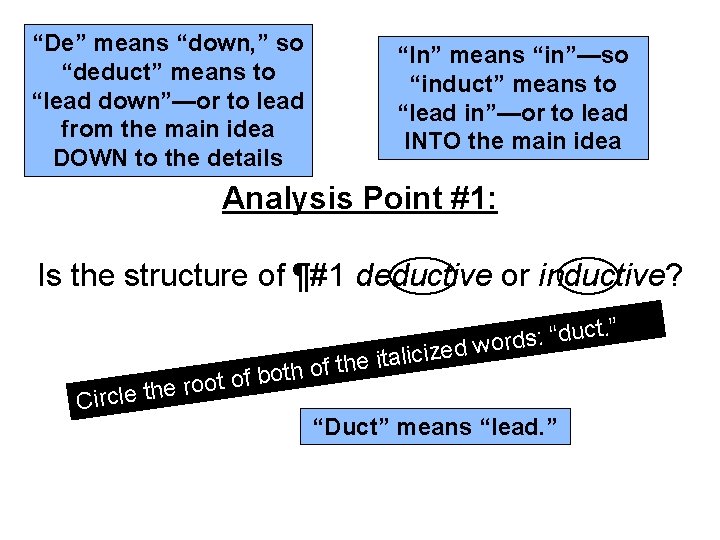 “De” means “down, ” so “deduct” means to “lead down”—or to lead from the