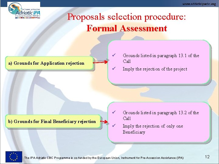 Proposals selection procedure: Formal Assessment ü Grounds listed in paragraph 13. 1 of the